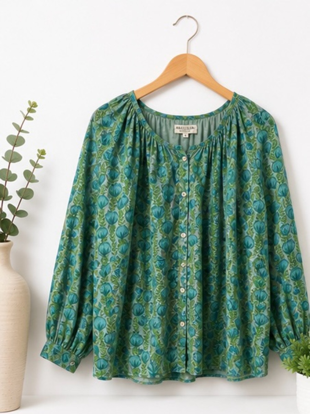 India Collection Emerson Fry Green Teal Floral Button-Front Blouse